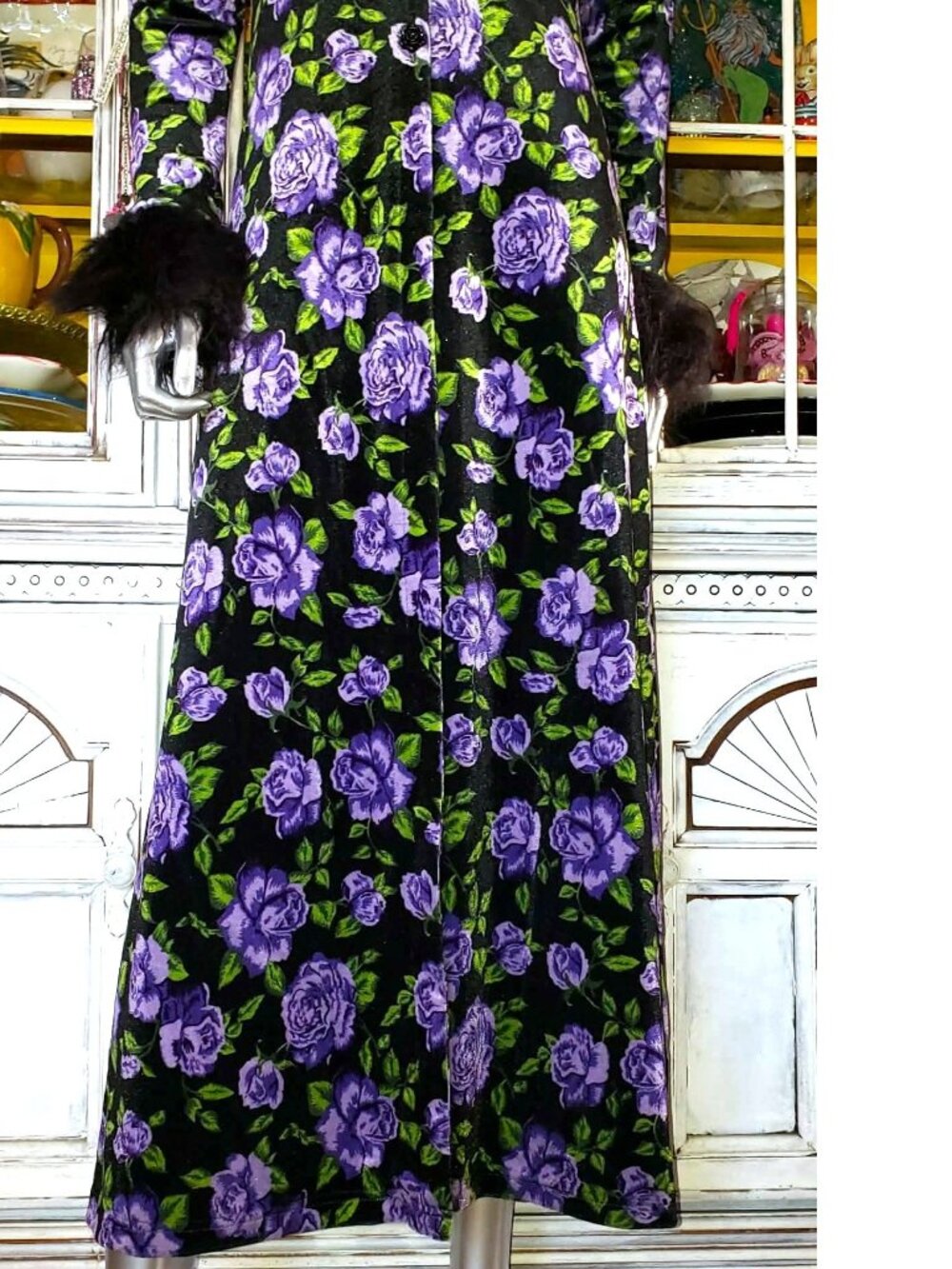 Betsey Johnson Black Velvet Floral Faux Fur Duster Opera Coat Long Dress Jacket - Picture 13 of 16